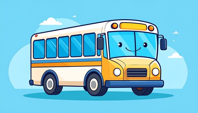 Bright yellow vintage school bus on blue background.