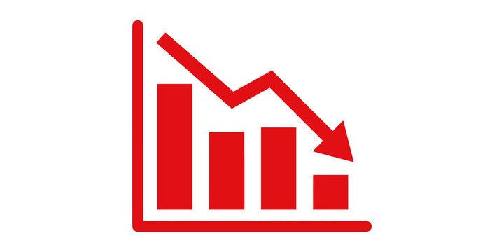 Red business decline bar chart icon with downward arrow.