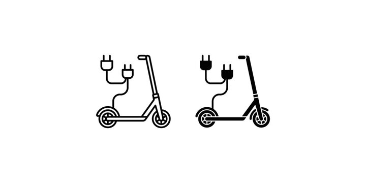 Electric kick scooter charging icons set in black line art and filled silhouette styles.