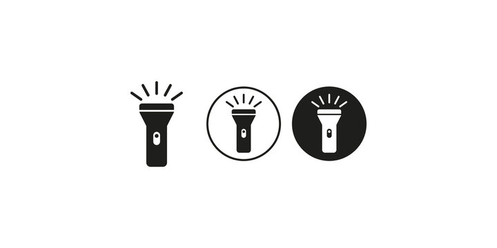 Flashlight vector icon set in outline, circle, and solid black for lighting and illumination.