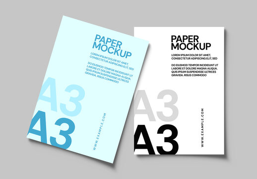 A3 Paper Mockup with Two Floating Sheets on Gray Background