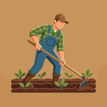 Male farmer using a hoe to cultivate soil in a garden