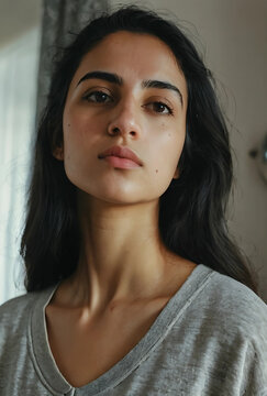 Mental health and emotional wellness, portrait of a young woman with a thoughtful expression reflecting on inner peace and self care in a home setting