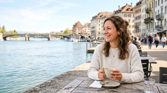 A smiling woman sits at an outdoor cafe by a river holding a coffee cup, unaware of a sudden disaster looming on the horizon, capturing a tense moment before chaos begins
