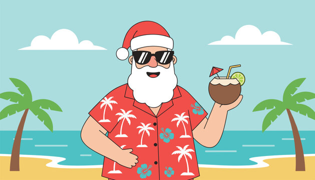 Santa Claus enjoying a tropical beach vacation wearing a Hawaiian shirt and sunglasses while holding a refreshing coconut cocktail.
