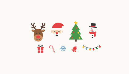 Fototapeta premium Collection of colorful Christmas holiday elements including a reindeer, Santa Claus, Christmas tree, snowman, and seasonal decorations.