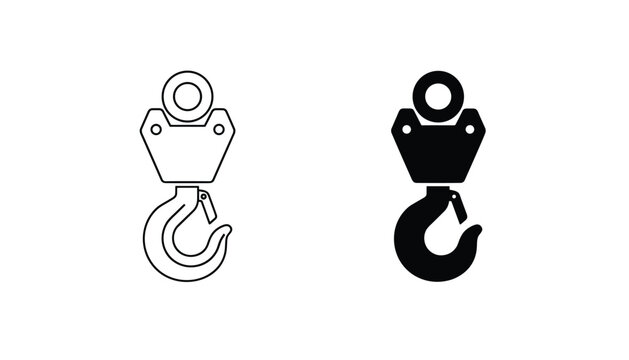 Heavy duty crane lifting hook icon set shown in both linear outline and solid black silhouette styles on a white background.
