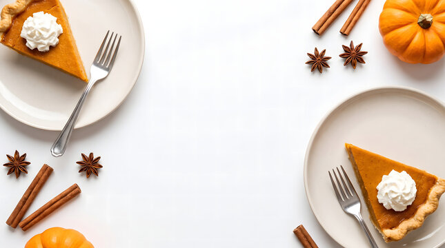 Delicious pumpkin pie slices served on plates for a traditional family thanks giving day holiday celebration dinner