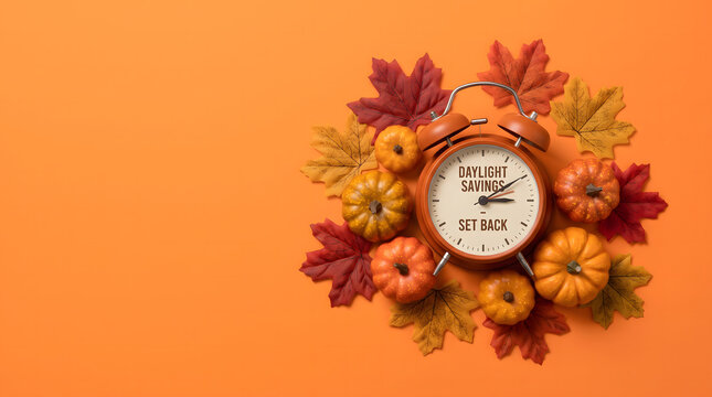 Vintage alarm clock surrounded by colorful autumn leaves and small pumpkins for a festive thanks giving day celebration