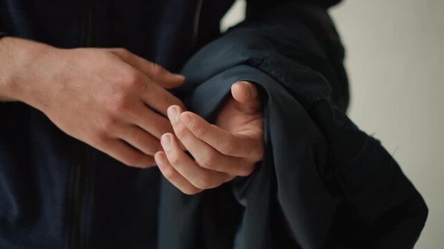 Close up of man adjusting his dark jacket sleeve with both hands focusing on hand movement and fabric texture against plain background. Hands manipulate material without additional objects