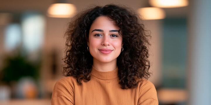 Smiling young businesswoman portrait in modern office, professional latin or arabian female corporate leader looking at camera. horizontal photo
