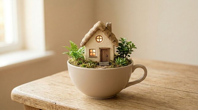 Miniature cozy cottage house with glowing windows inside a plain ceramic teacup on a wooden table