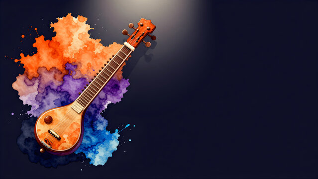 Traditional Indian string instrument with vibrant watercolor splashes on dark background illustration