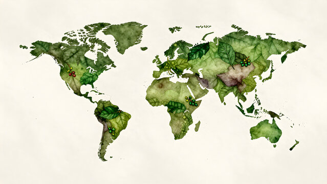 Watercolor world map illustration with green leaves and colorful berries
