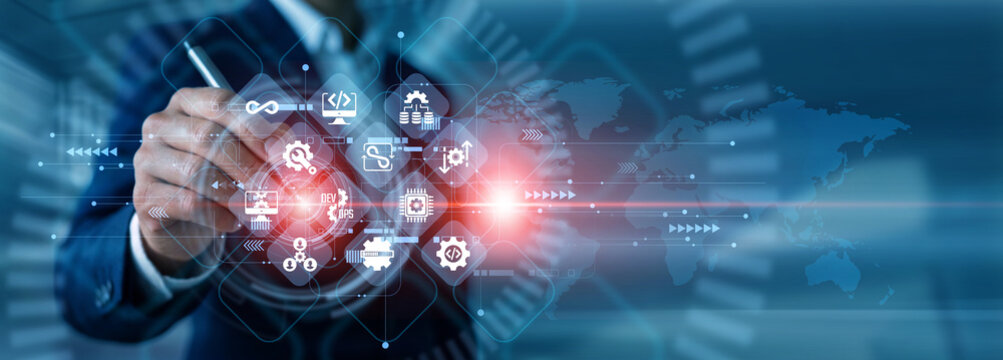Software engineer point of view. DevOps specialist integrating continuous deployment cloud network environments. Agile software development lifecycle and digital automation architecture.