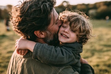 Fototapeta premium Happy Father Hugging Son Outdoors During Family Time 