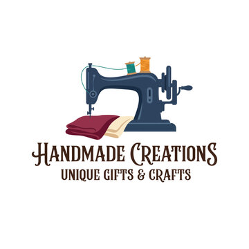 This logo showcases a vintage sewing machine surrounded by fabric, emphasizing the craft of handmade gifts and highlighting the artistry involved in sewing.