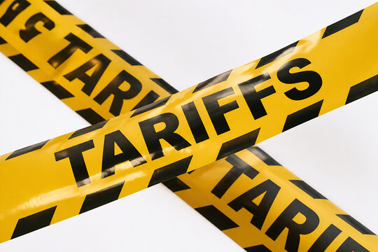 Yellow and black striped tape with the word TARIFFS crossing over a white background.