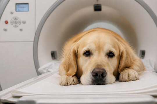 A golden retriever dog is lying down inside a large, white veterinary or medical imaging machine.