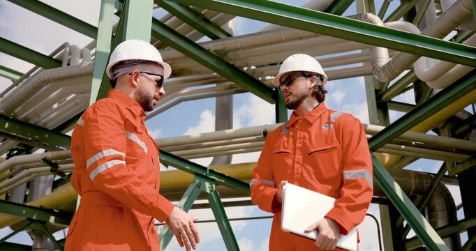 Male refinery engineer and technician shake hand beneath pipeline structure, confirming maintenance plan, safety compliance audit, risk control, petrochemical field coordination success onsite.