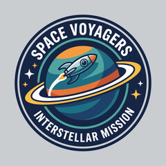 Fototapeta premium A vibrant space-themed illustration featuring a rocket traversing a planet with rings, representing exploration, discovery, and the excitement of interstellar missions beyond Earth.