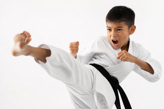 A young martial artist in a white gi is performing a high kick with an intense expression against a plain white background.