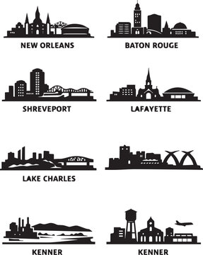Collection of iconic louisiana city skylines featuring a minimalist black and white graphic design style silhouette