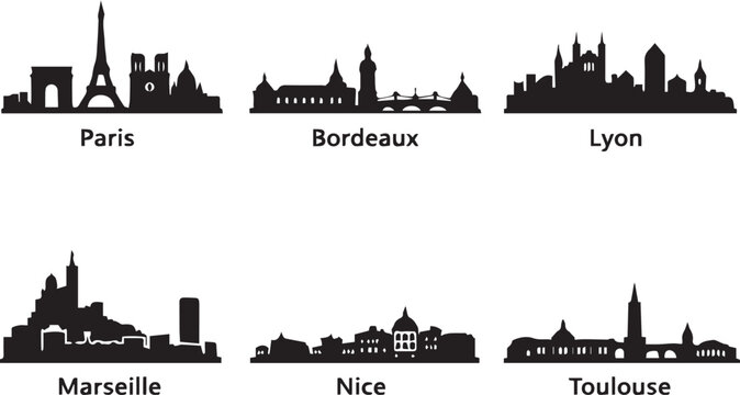 Collection of famous french city skylines featuring iconic landmarks in a minimalist black and white artistic silhouette