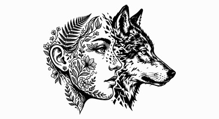 Obraz premium Woman and Wolf Profile Artistic Floral Illustration