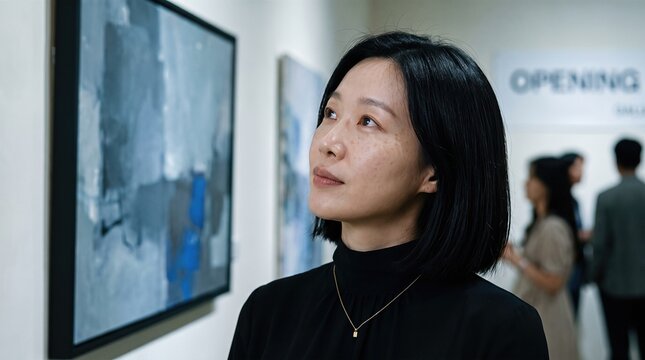 Generative AI, Asian woman appreciating abstract art at a gallery exhibition opening