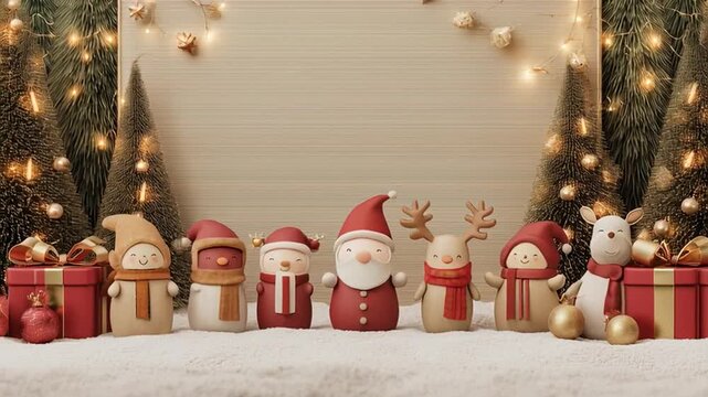 AI generated video of a cheerful Christmas family dancing with Santa Claus, reindeer, and playful elves, the whole company celebrating together surrounded by sparkling gifts and festive magic.