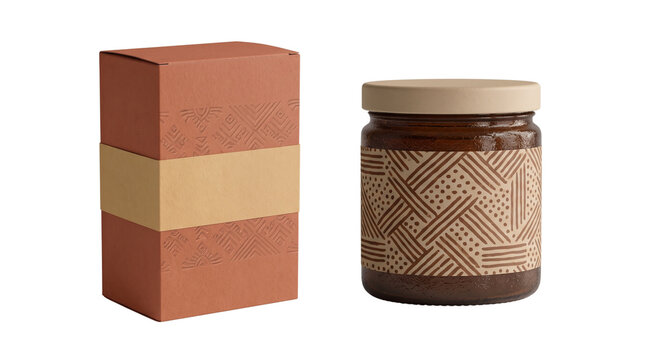 Minimalist cosmetic glass jar and cardboard box, organic skincare packaging with geometric patterns, earthy terracotta beauty containers isolated PNG with Transparent Background