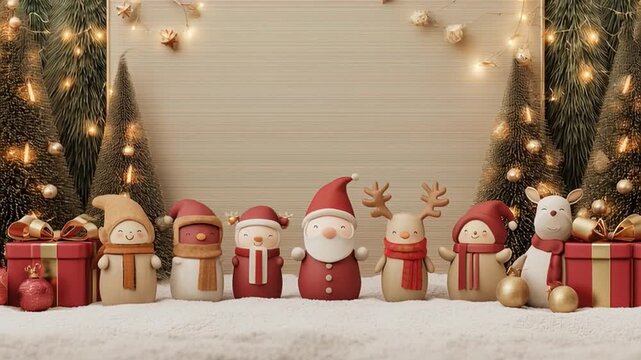 AI generated video of a cheerful Christmas family dancing with Santa Claus, reindeer, and playful elves, the whole company celebrating together surrounded by sparkling gifts and festive magic.