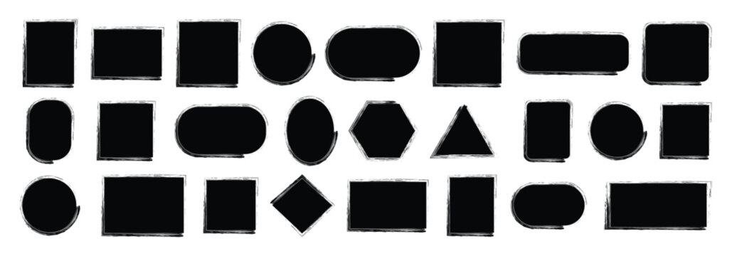 Set of grunge brushes, with painted square and oval dialog boxes. Vector squares, rectangles, circles, oval banners. Abstract splatter brush strokes.