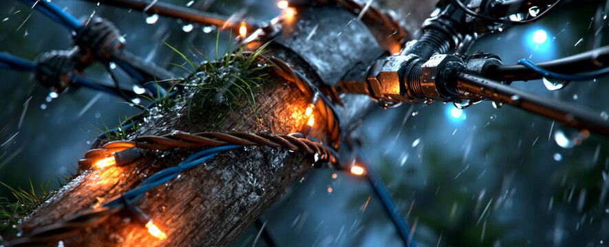 A close up of a wooden utility pole wrapped with wires and glowing lights in the rain against a dark background.