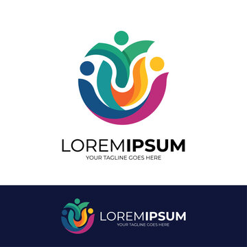 This vibrant logo showcases a community spirit through colorful figures hugging in a circular formation, symbolizing unity, support, and collective growth in diverse communities.
