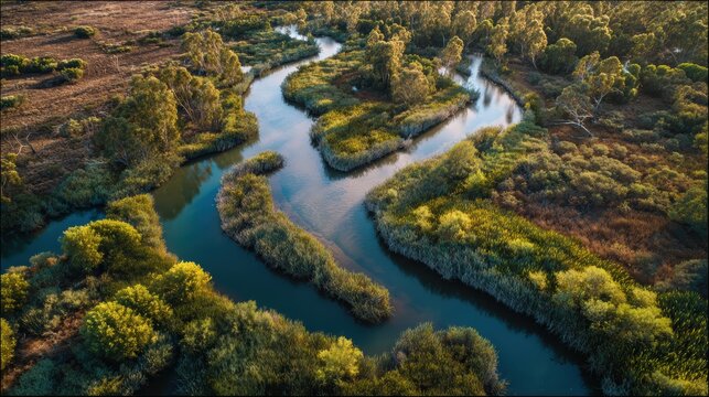 Aerial drone view of restored wetland with winding waterways and native vegetation at golden hour, showing nature based solutions for water stewardship, biodiversity and climate resilience