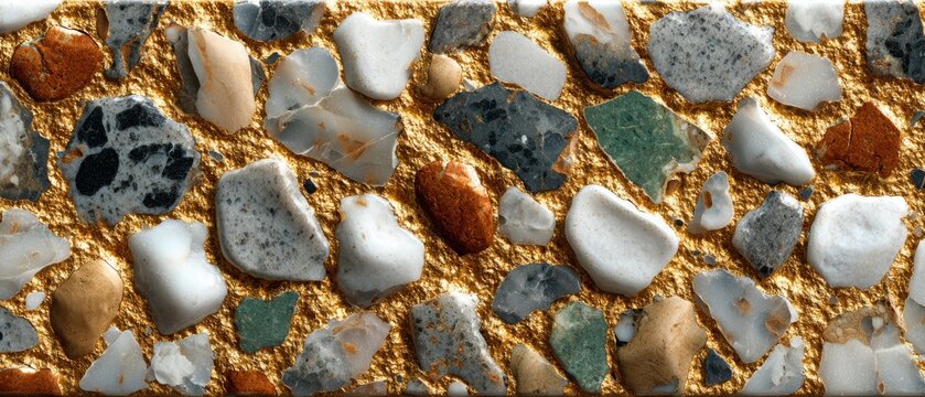 A close-up view of a decorative stone surface featuring various colored pebbles set against a textured gold background.