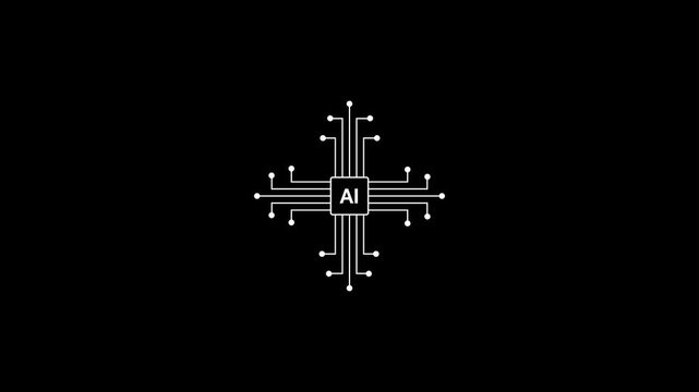 Minimalist white circuit board chip with AI text at its center, radiating outward with connected lines and nodes in a symmetrical cross pattern against a stark black background representing