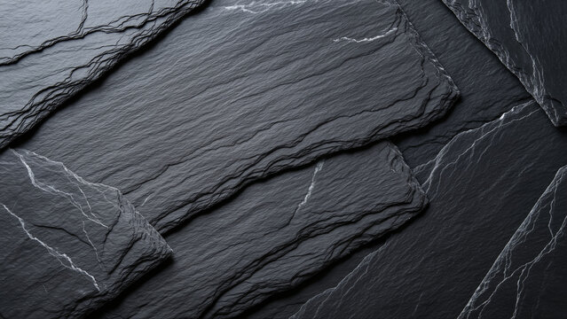 Dark textured slate background with overlapping rough-edged stone pieces and natural white mineral veins, creating a layered and rugged surface