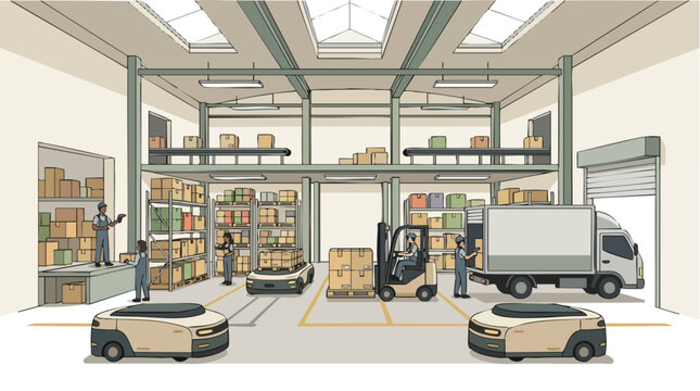 Modern automated warehouse interior with robotic delivery vehicles and pallet jacks, concept for smart logistics, supply chain management, and industrial automation solutions