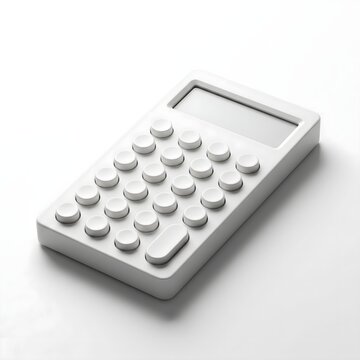 Calculator with a modern minimalist design and round buttons sits on a plain white background.