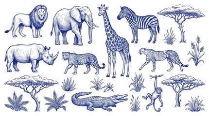 Fototapeta premium Set of african animals and plants isolated on white background