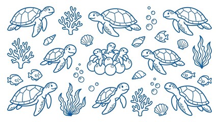Obraz premium Cute sea turtles and marine life elements isolated on white background