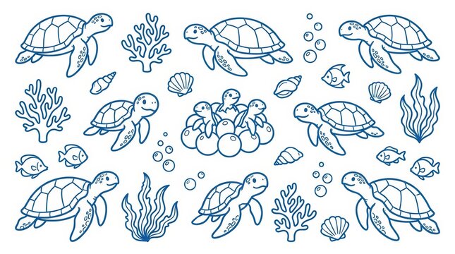 Cute sea turtles and marine life elements isolated on white background
