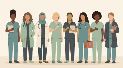 Fototapeta premium Group of diverse female medical doctors and nurses in scrubs