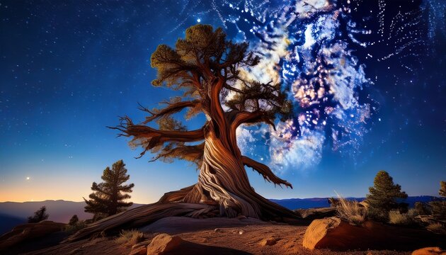 A Gnarled Ancient Bristlecone Pine Reaches Toward A Brilliant Moon And The Milky Way Offering A Powerful Visual Metaphor For Endurance And Timelessness In Premium Wall Art Or Editorial Layouts