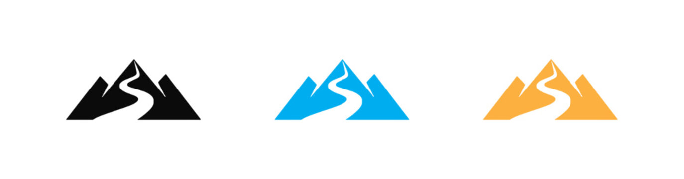 Mountain peak with winding road icon set, valley river stream pathway logo, landscape outdoor adventure travel concept vector illustration on white background.