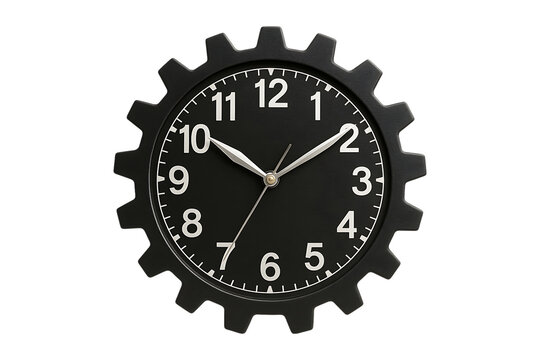 Industrial Gear Shaped Black Clock Isolated on a Transparent Background