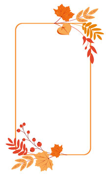 Fall foliage rectangular frame with copy space. Autumn leaves and berries border for invitation, greeting card, wedding, harvest, thanksgiving. Blank, page, paper, card, background. Vector.
